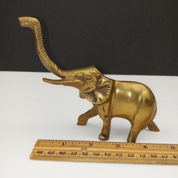 Vintage Golden Brass Lucky Elephant Hearth Desktop Paperweight Trunk Raised Up - Picture 4 of 4